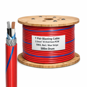 1 Pair Blasting Cable – 2.5mmSQ R7/0.67mm PCW, PVC Insulated, OA/Mylar, LHPVC, SWA, LHPVC Red with 1 Blue Stripe, 500m Drum