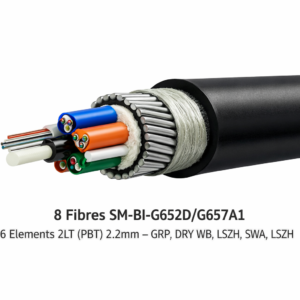 8 Fibres SM-BI-G652D/G657A16 Elements 2LT(PBT) 2.2mm – GRP, DRY WB, LSZH, SWA, LSZH (Steel Wire Armoured) Black